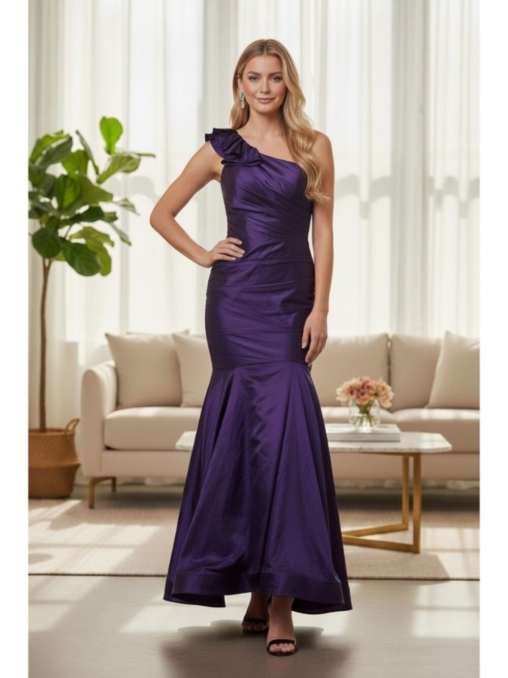 Juno Gown Dress Mermaid One Shoulder Deep Purple Stretch Y2k VTG S